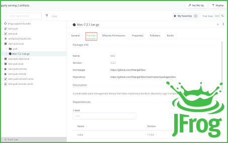 A custom Dart package repository managed by JFrog.