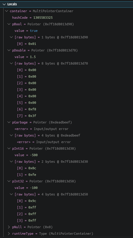Dart DevTools debugger variables pane after the fix, displaying structured pointer information including raw bytes, addresses, and error handling for invalid memory.