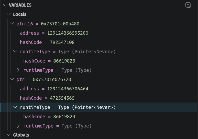 Dart DevTools debugger variables pane before the fix, displaying unhelpful Pointer<Never> type information for pointer variables.