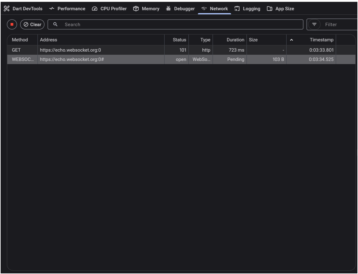Flutter DevTools Network panel listing HTTP and WebSocket network requests.