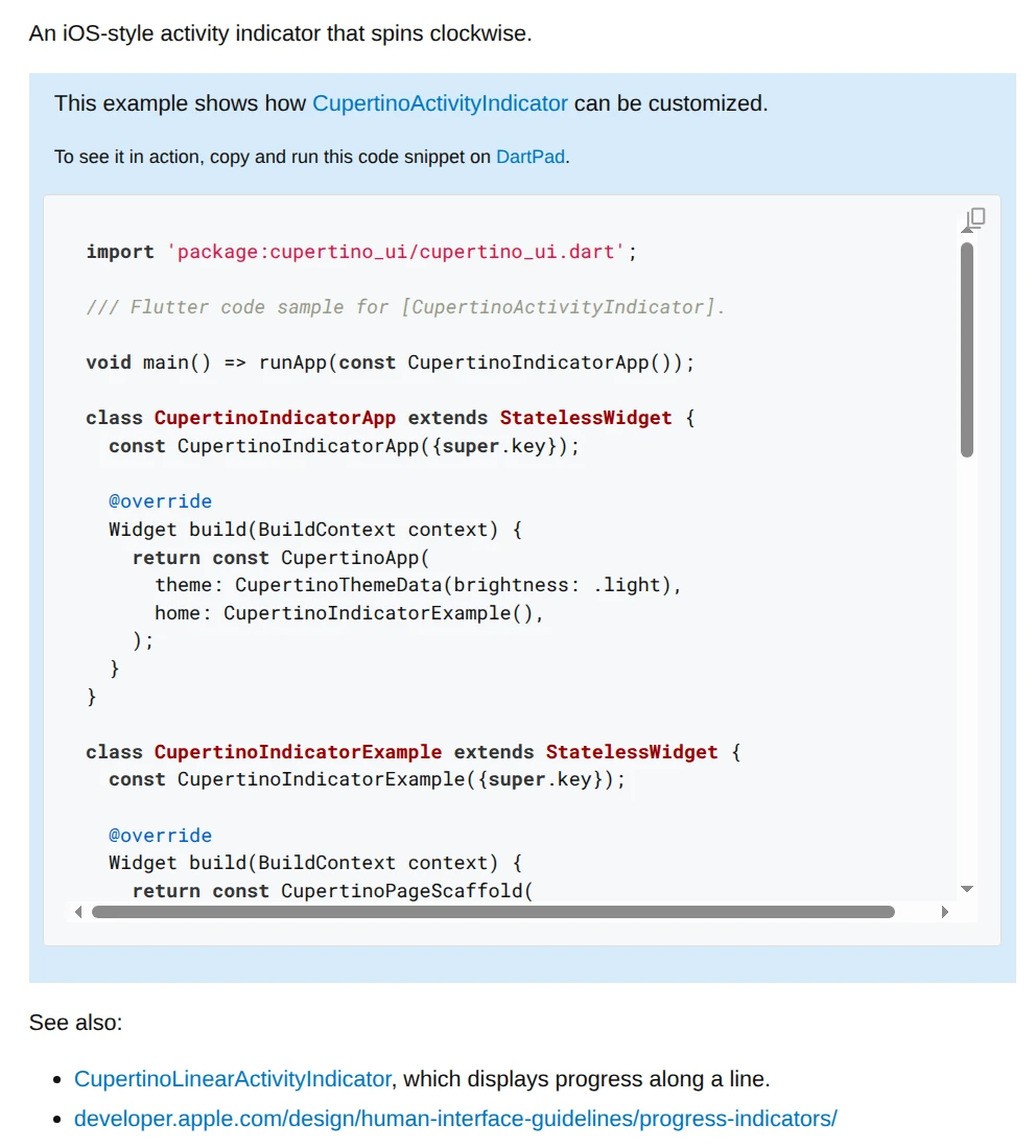 The cupertino_ui documentation on pub.dev displaying a <callout-box> with a blue border alongside an embedded {@example} code block.